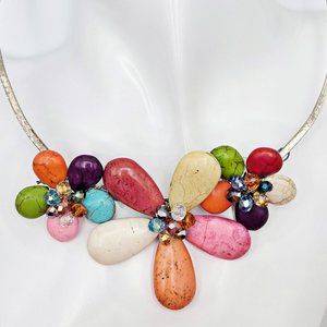 Vintage Multi Color Turquoise & Crystal Flower Slider on Hammered Silver Choker